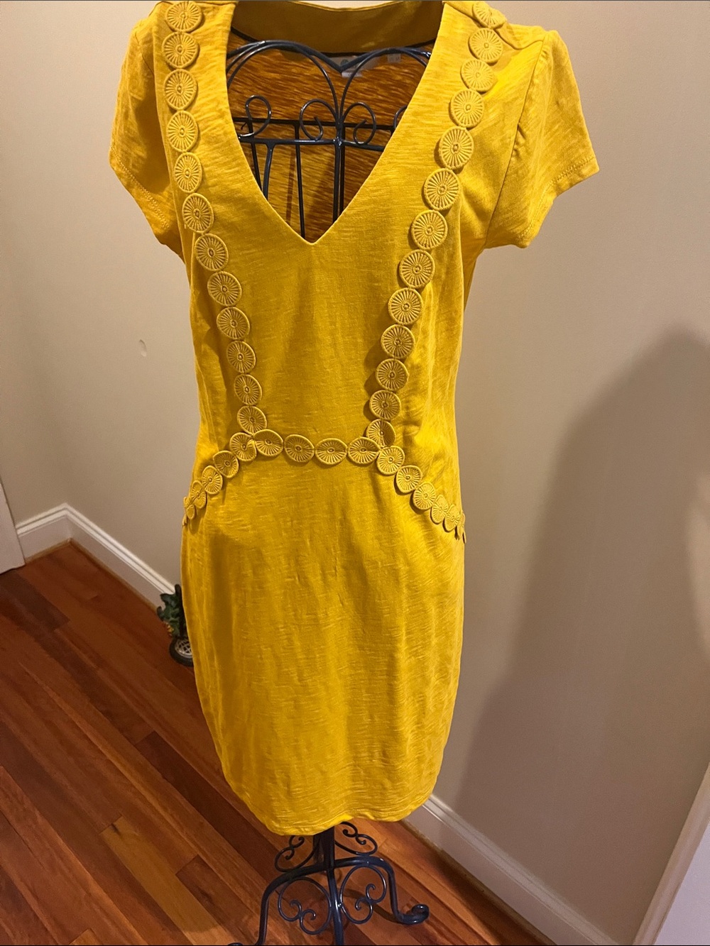 Boden Yellow V-Neck Mini Dress with Circular Trim